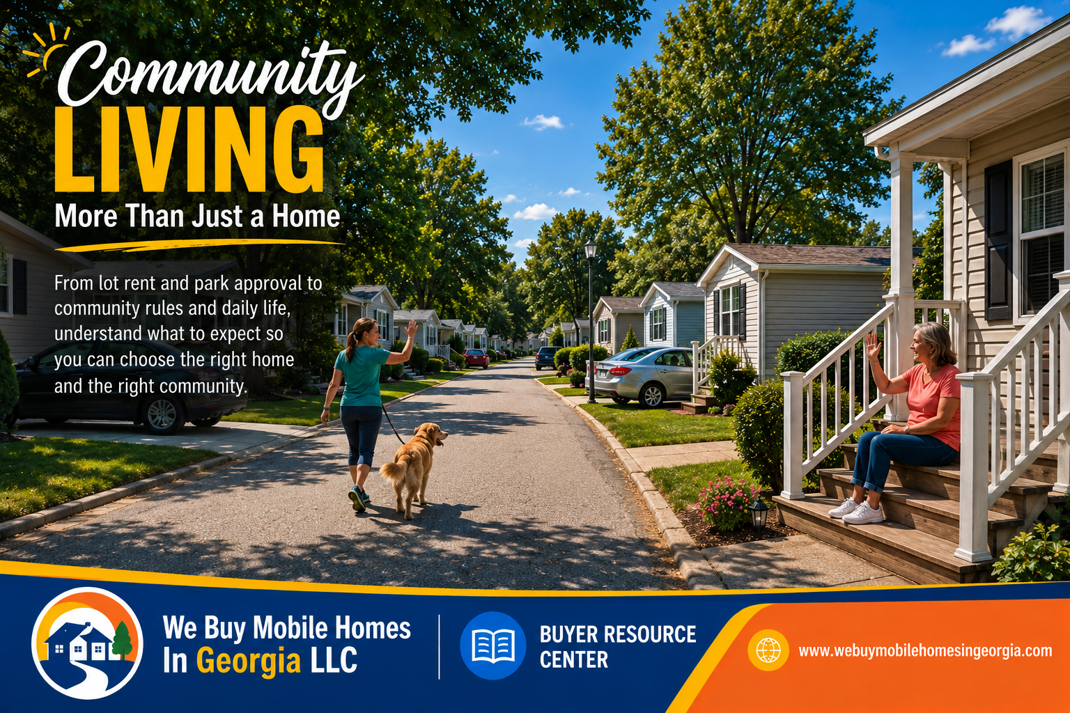 Well-maintained mobile home community with attractive homes, landscaped streets, and neighbors enjoying community living.
