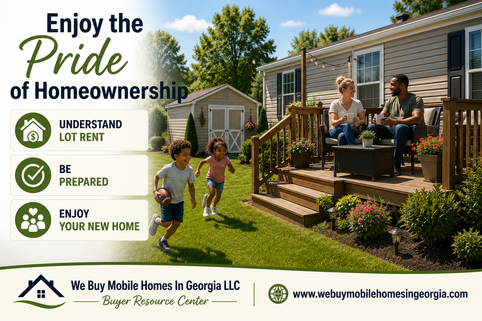 Family enjoying time together outside their manufactured home in a well-maintained community, representing the pride of homeownership.