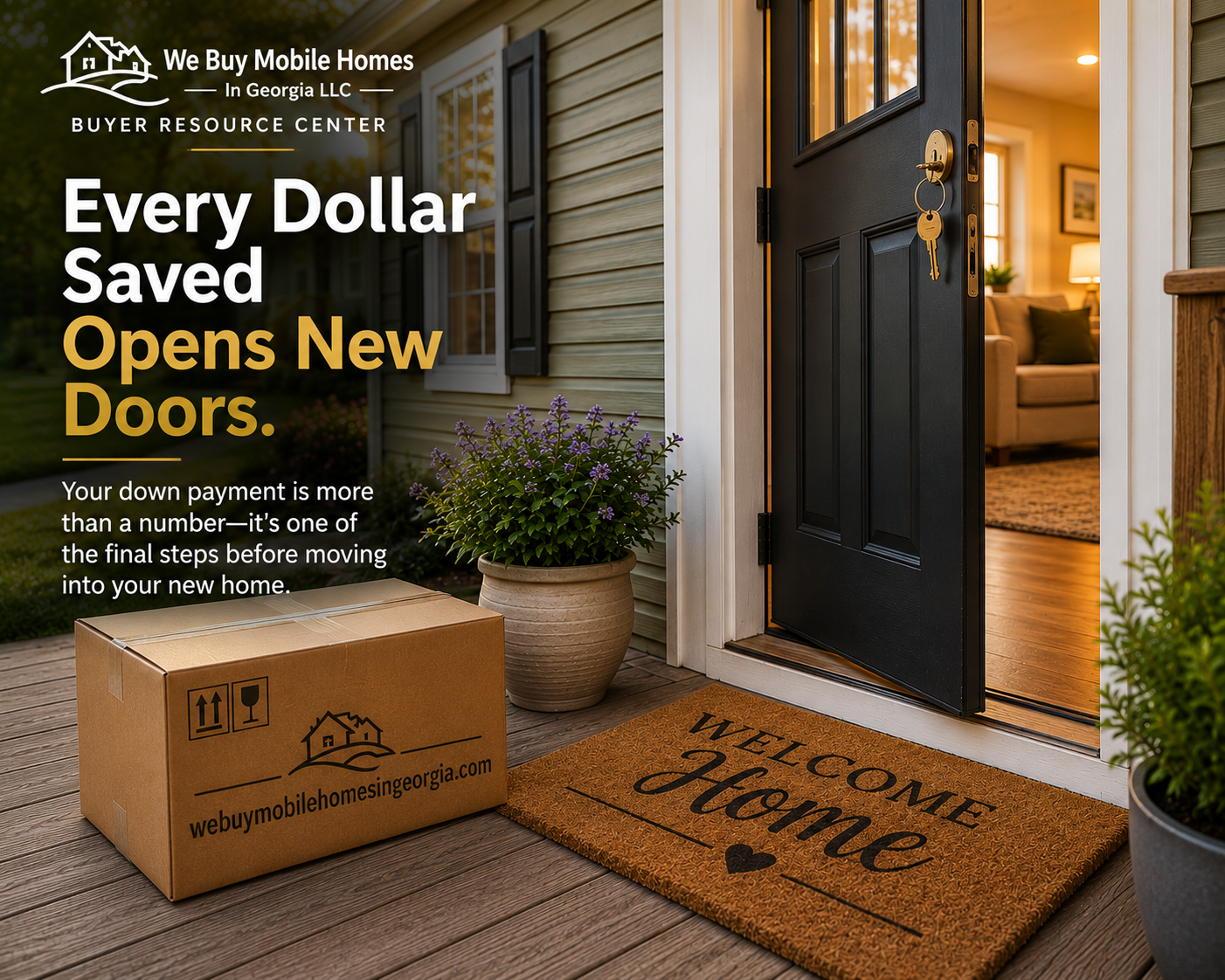 Welcome home front porch with keys in the door illustrating that every dollar saved brings buyers closer to homeownership.