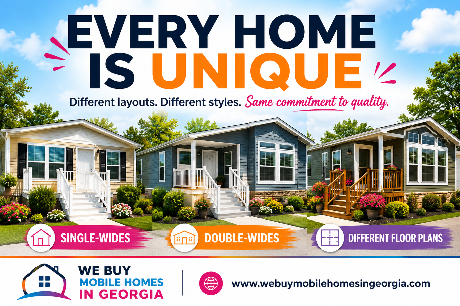 A variety of mobile homes showing different layouts, styles, colors, and exterior designs