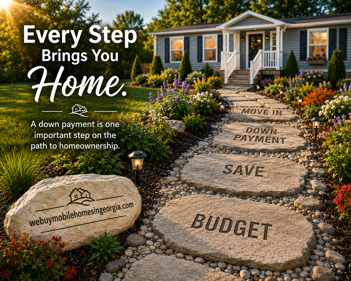 Stone pathway leading to a mobile home illustrating each step toward homeownership.