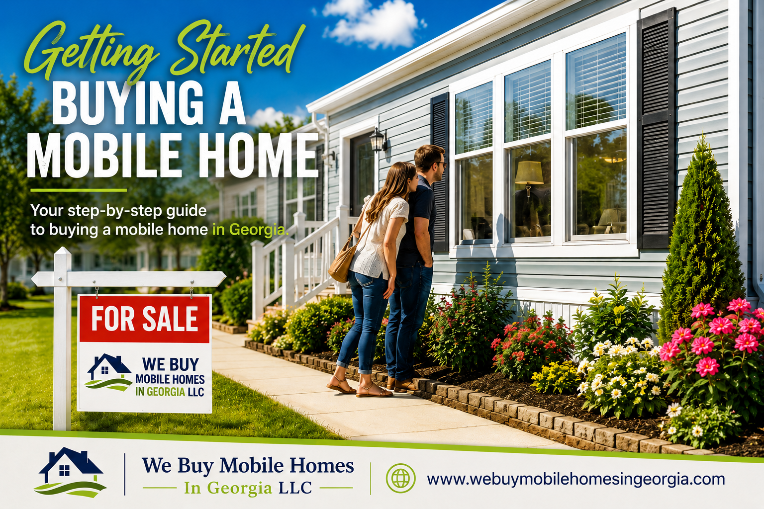 Couple looking through the windows of a mobile home for sale as they begin their home-buying journey in Georgia.
