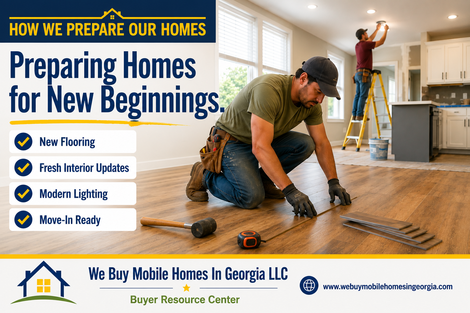 Mobile home being updated with fresh flooring, paint, and modern finishes before sale