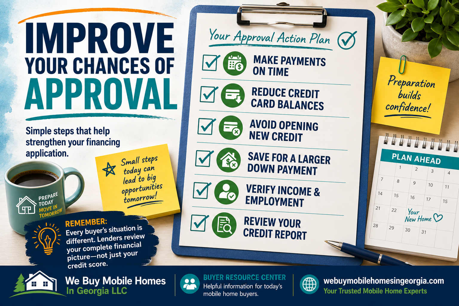 Educational infographic showing practical steps buyers can take to improve their chances of qualifying for mobile home financing.