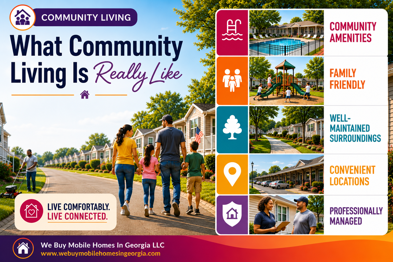 Family walking through a well-maintained mobile home community with images highlighting community amenities, neighborhood features, convenient locations, and professional management.