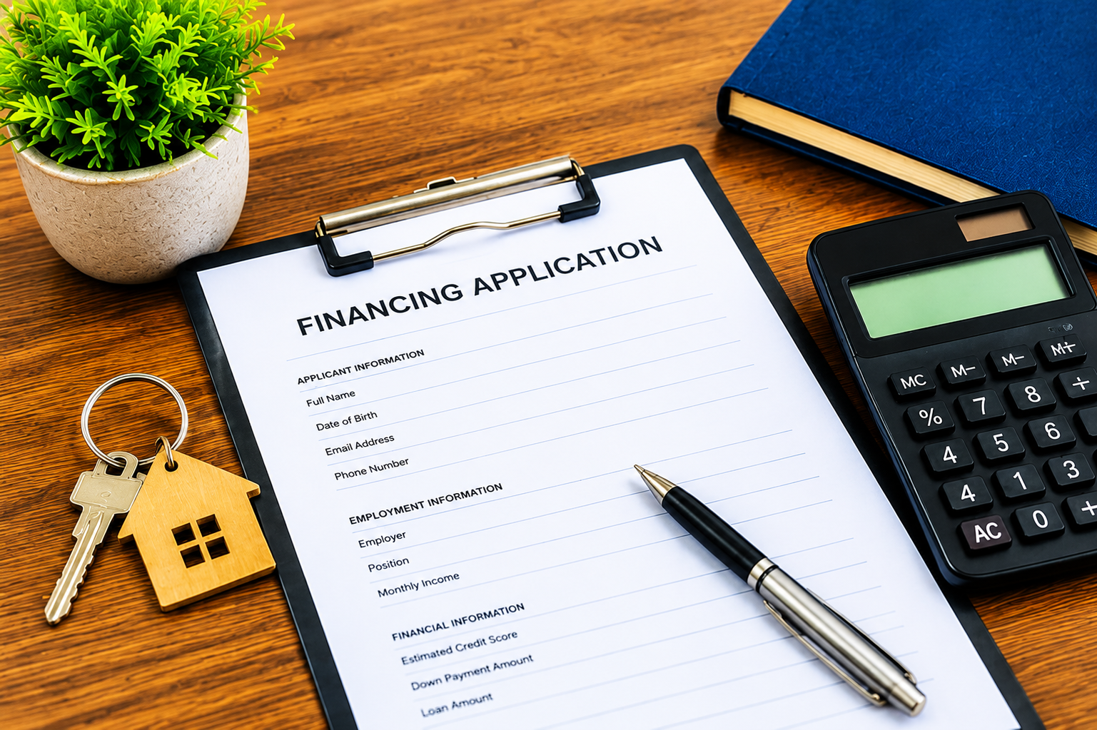 Mobile home financing application with house keys, calculator, pen, and financing documents on a desk.