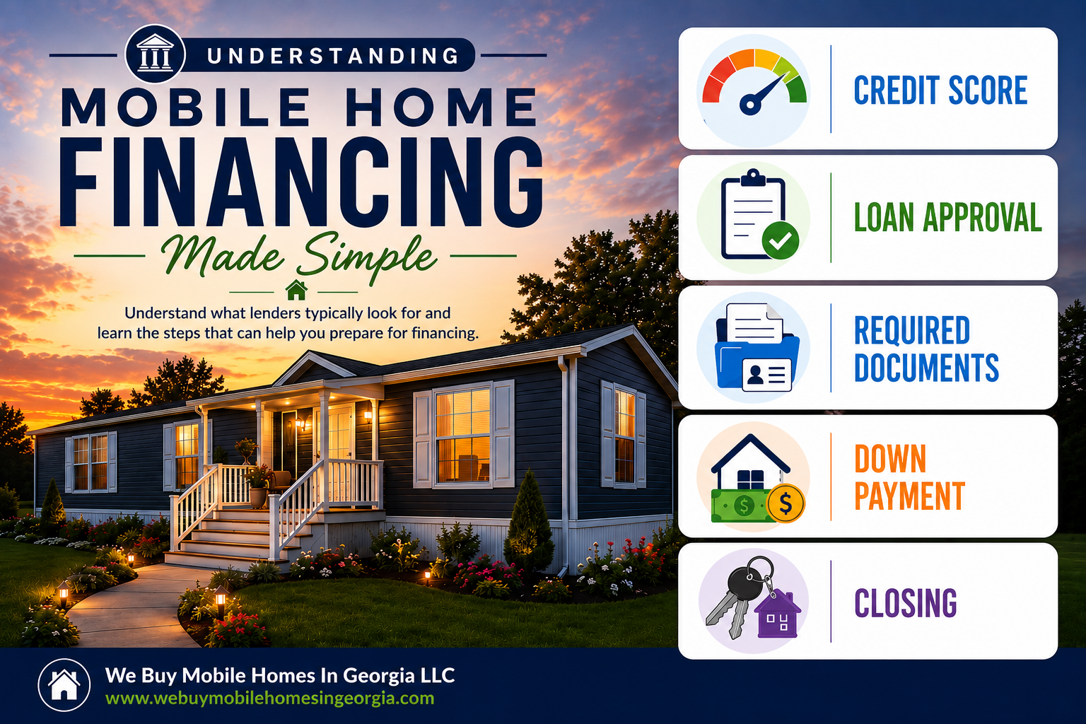 Evening view of a renovated mobile home with financing topics including credit score, loan approval, required documents, down payment, and closing.