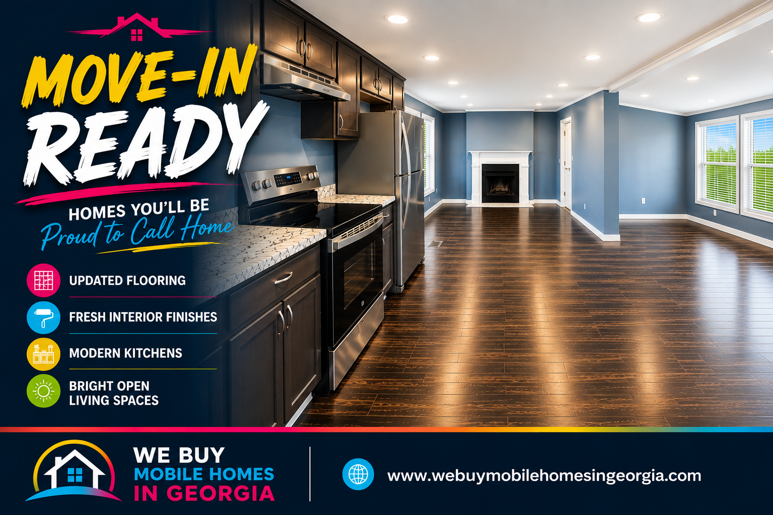 Bright, updated mobile home interior featuring modern flooring, fresh finishes, and an open living space