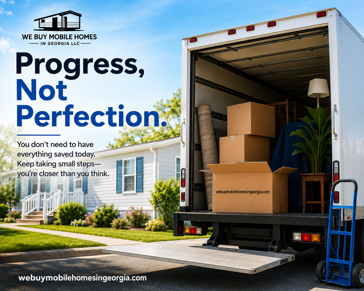 Moving truck being loaded outside a mobile home illustrating that consistent progress helps buyers achieve homeownership.