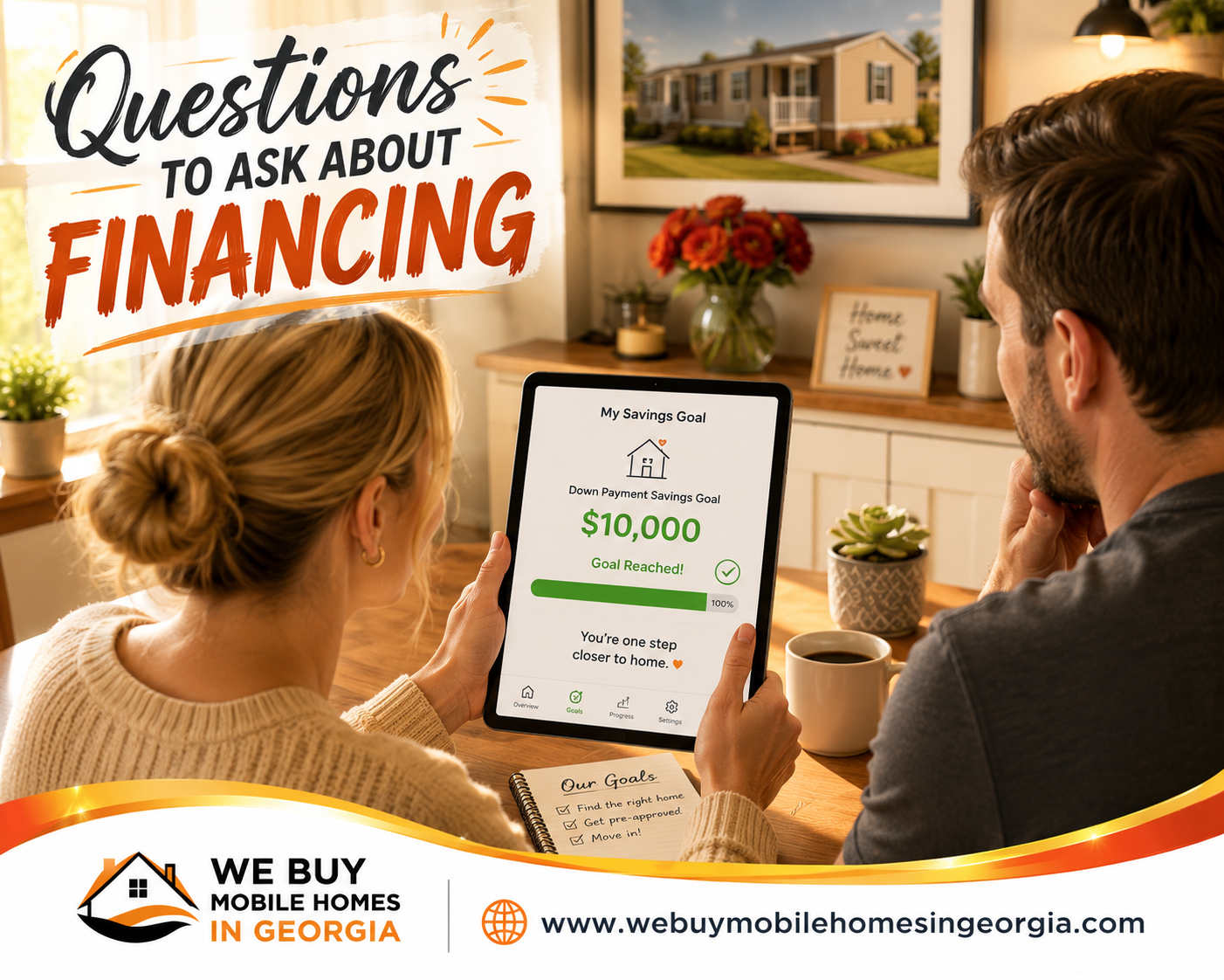 A couple reviews their down payment savings on a tablet while preparing financially to buy a mobile home in Georgia.