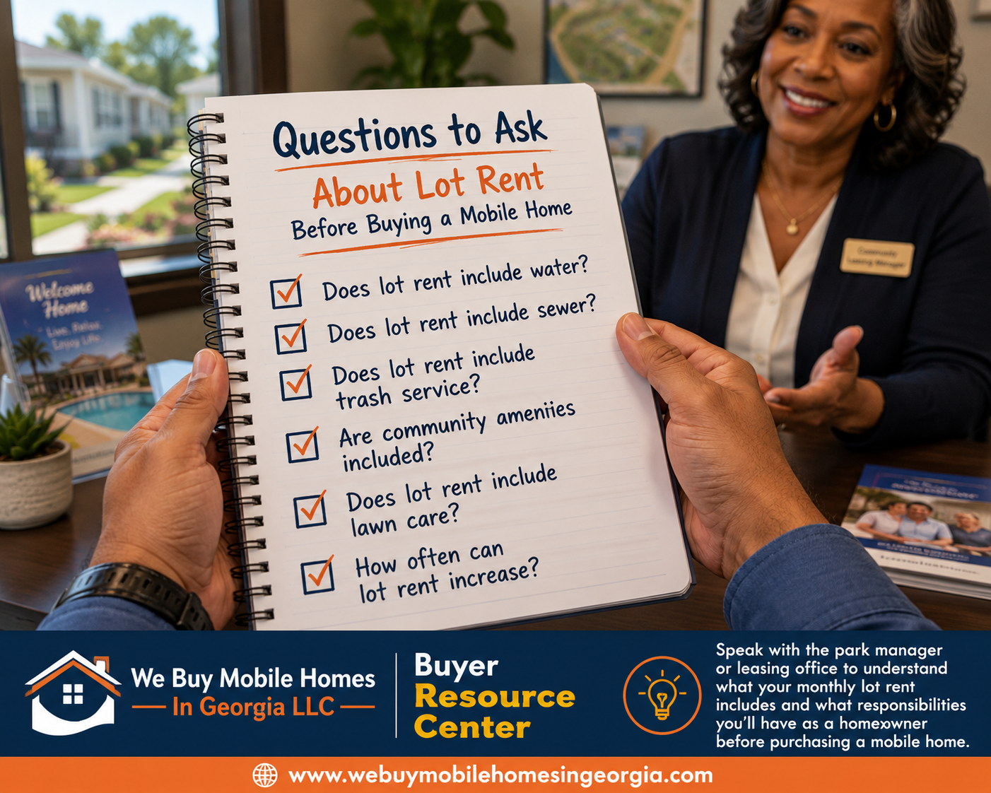 Buyer meeting with a manufactured home community representative while reviewing important questions about lot rent before purchasing a manufactured home.