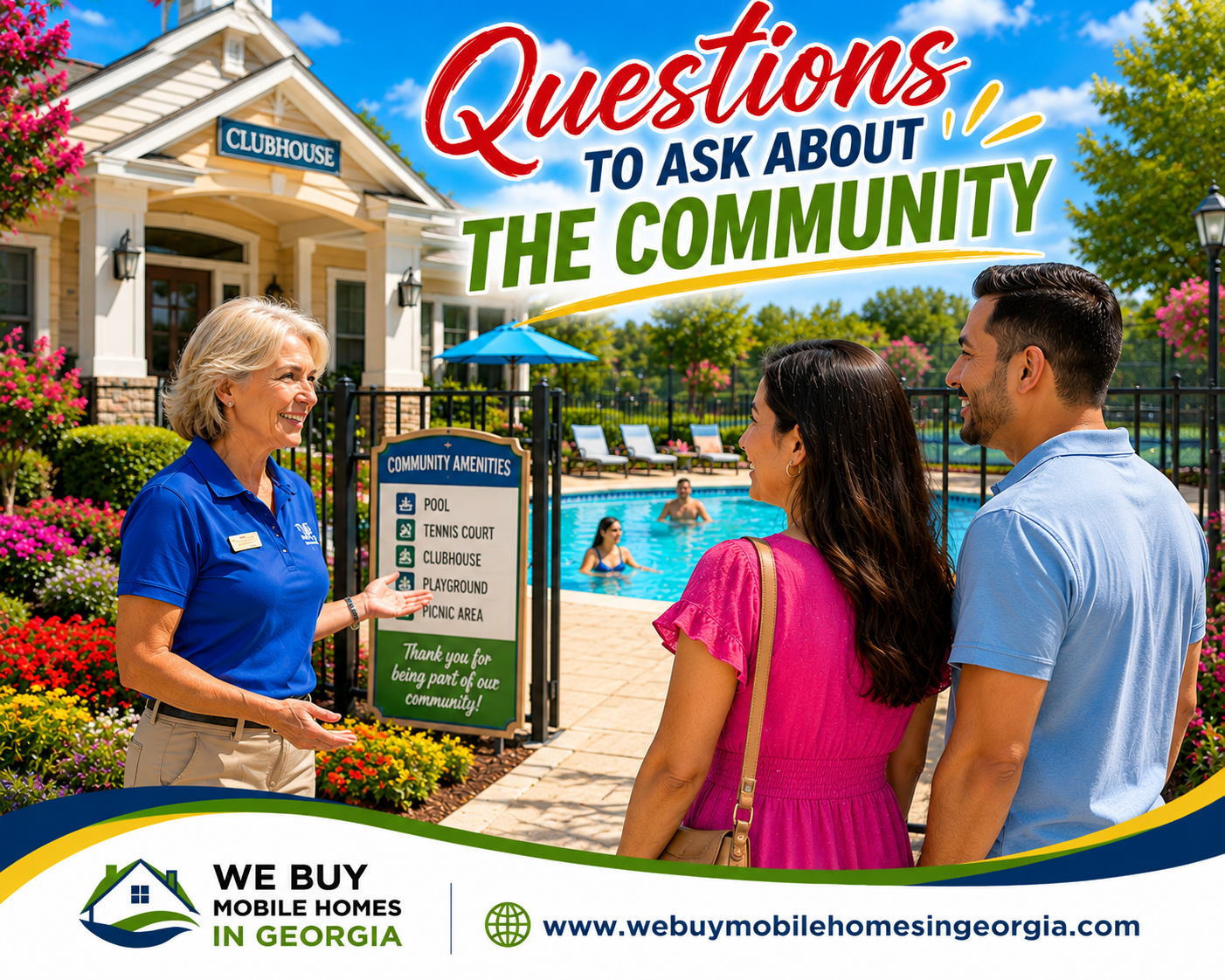 A community manager explains the amenities of a mobile home community to a Hispanic couple in front of the clubhouse and gated pool in Georgia.