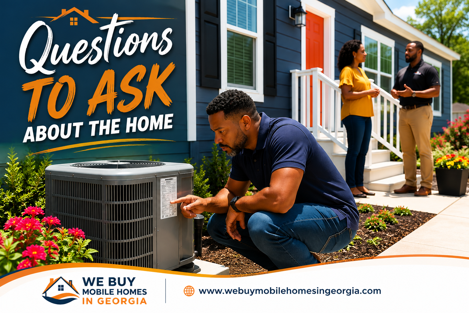A mobile home buyer inspects the outdoor HVAC unit while a realtor answers questions for another buyer outside a mobile home in Georgia.