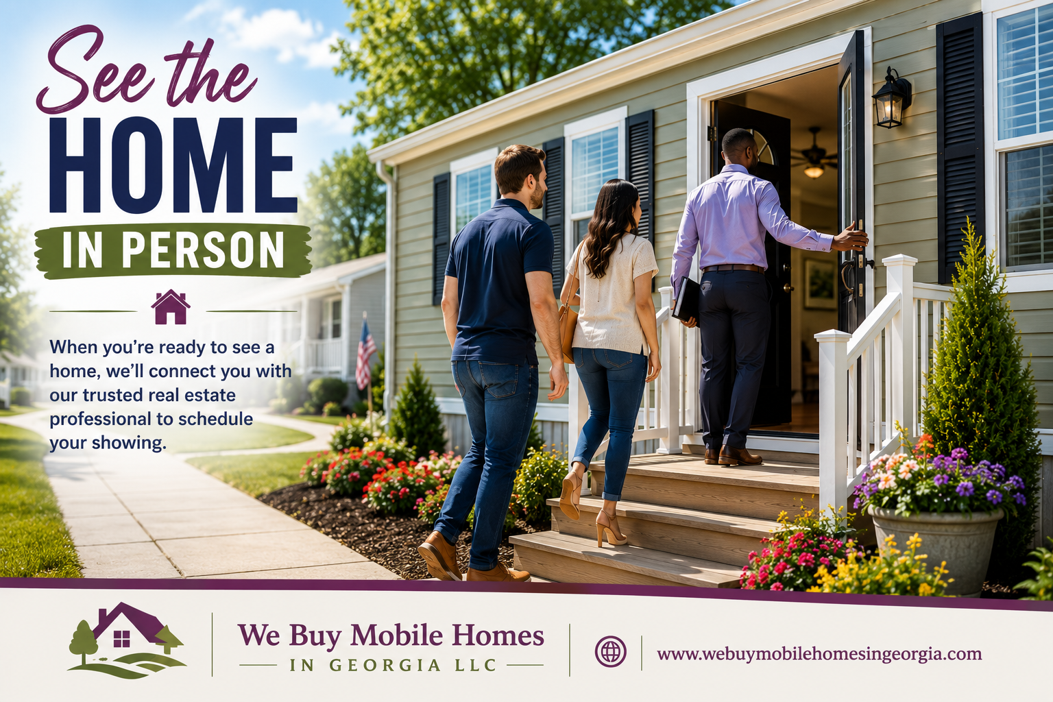 Prospective homebuyers follow a real estate professional into a mobile home for a scheduled showing in a Georgia manufactured home community.