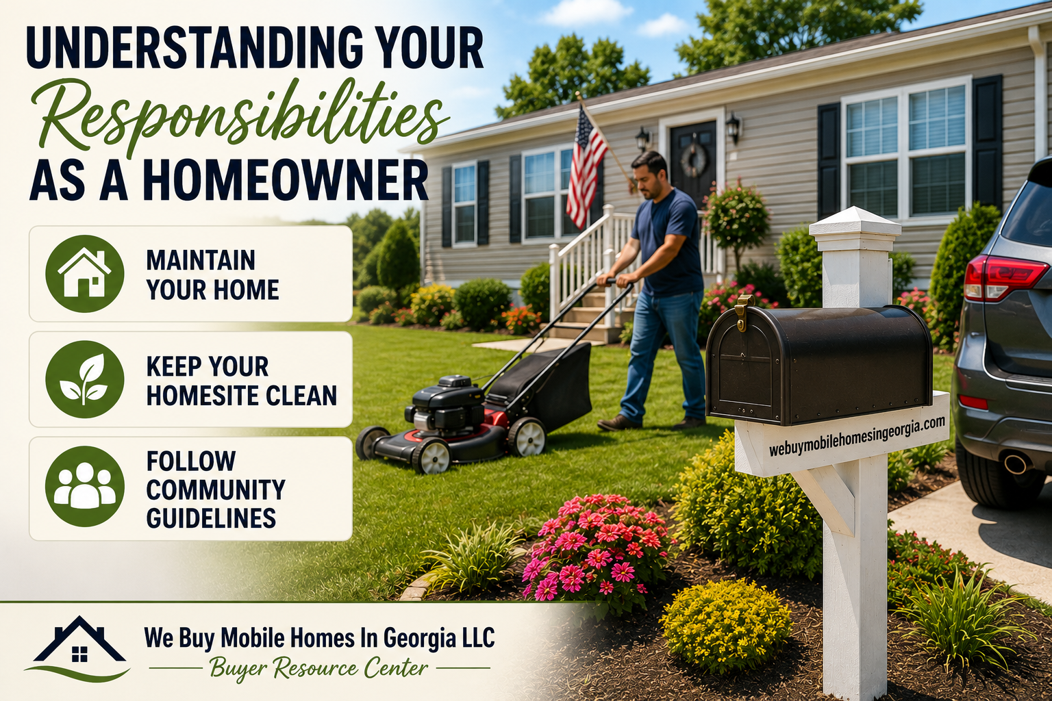 Homeowner mowing the lawn outside a well-maintained manufactured home, illustrating typical homeowner responsibilities in a land-lease community.