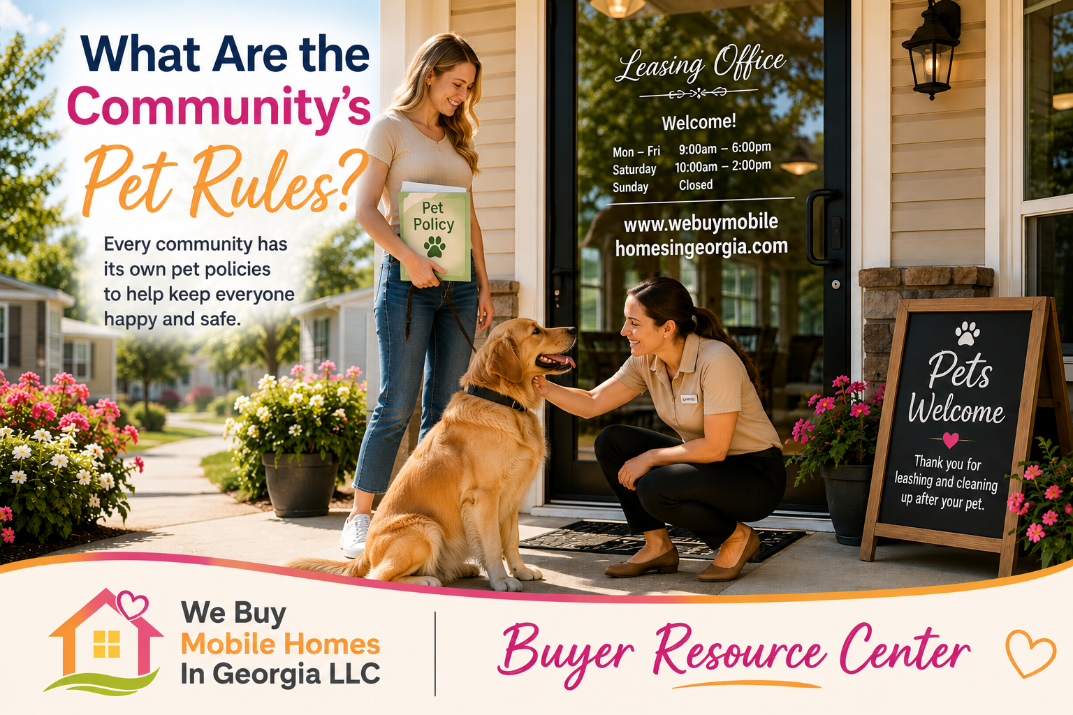 Residents walking their dogs in a pet-friendly mobile home community while following community pet rules.