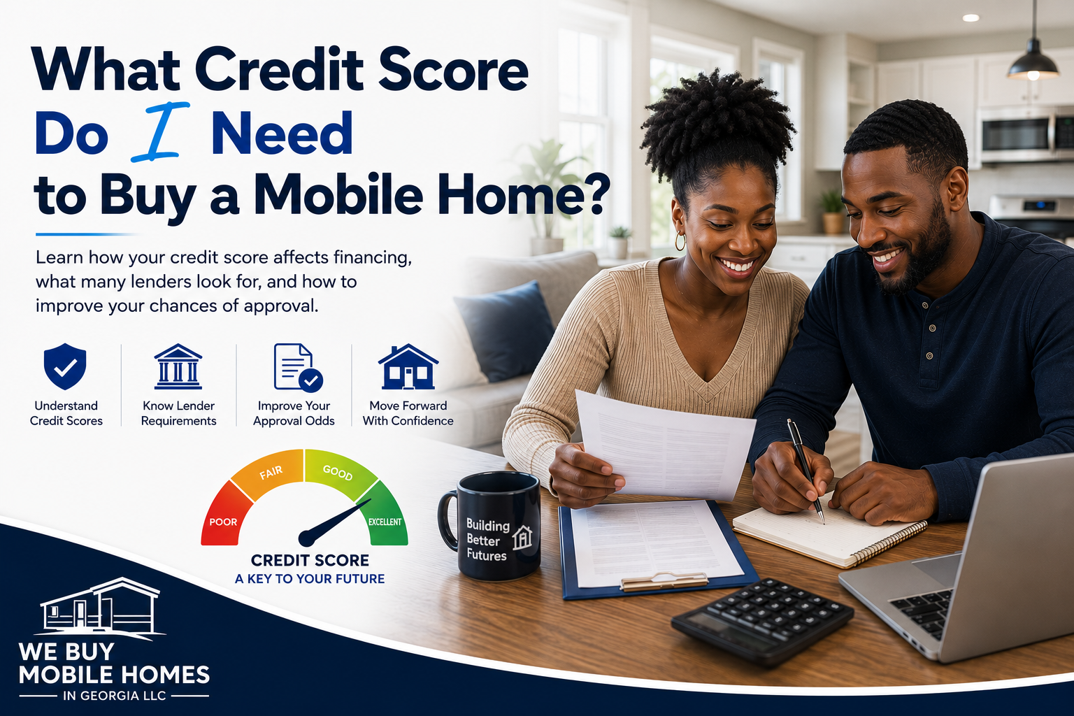Black couple reviewing financing paperwork while learning what credit score is needed to buy a mobile home in Georgia.