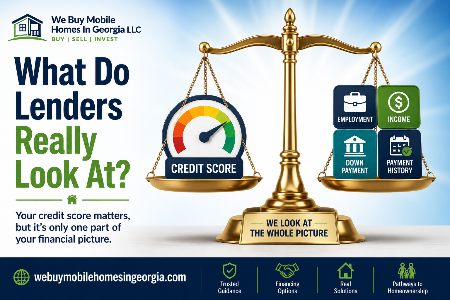 Educational infographic showing how lenders review a complete mobile home loan application.