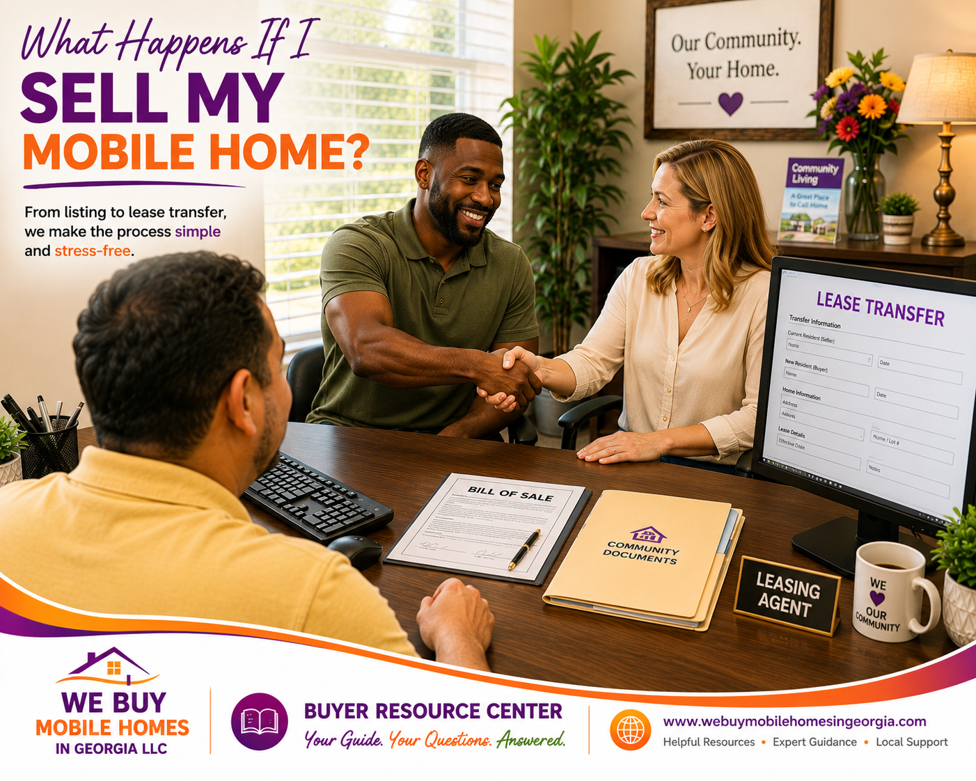 A buyer and seller complete the sale of a mobile home while meeting with a leasing agent in a community office to finalize the lease transfer process.
