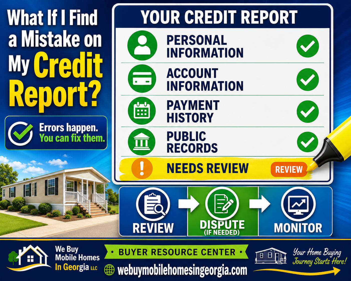 Educational infographic explaining what buyers should do if they find a mistake on their credit report before applying for mobile home financing.