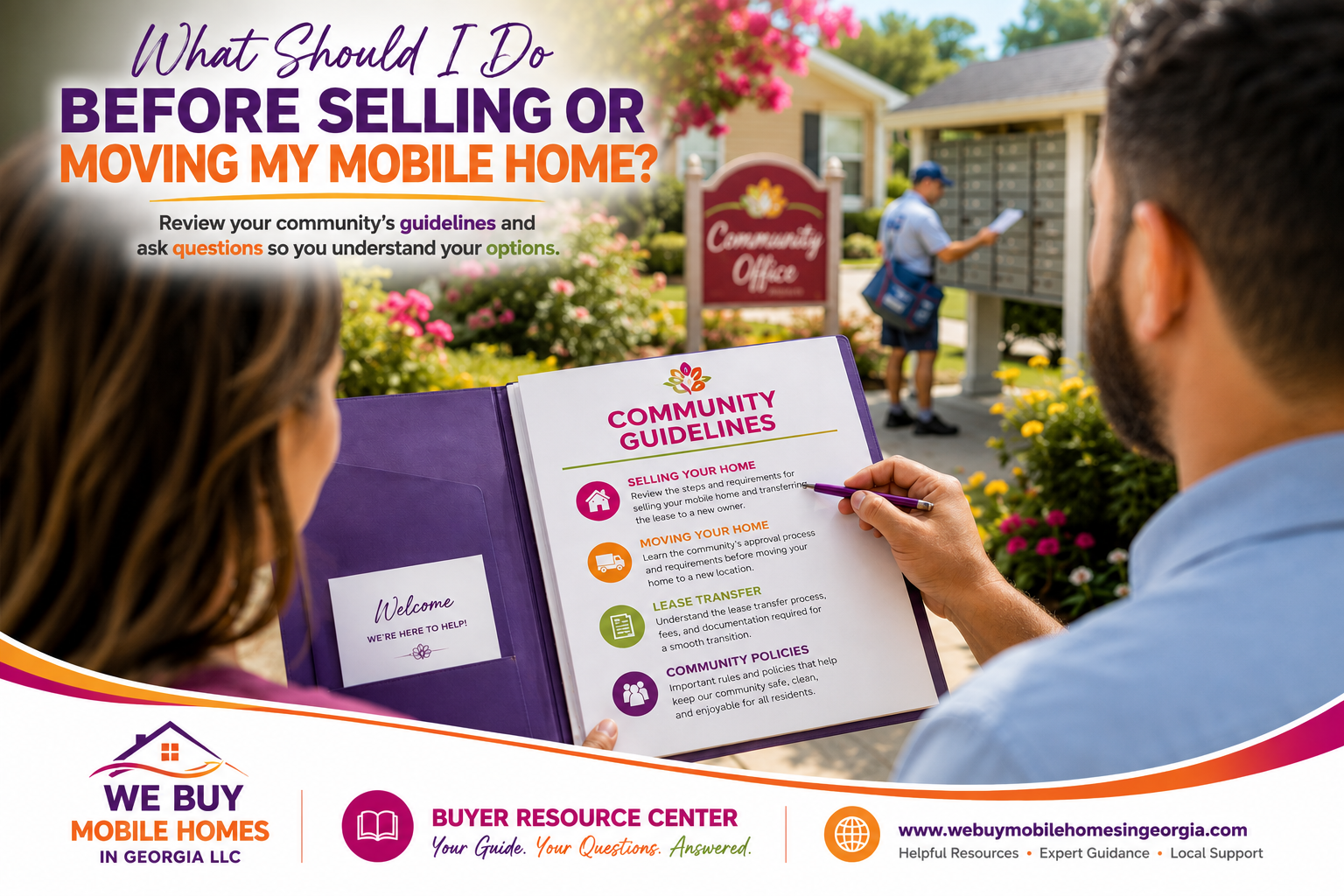 A community manager reviews a community guidelines folder with a homeowner outside the leasing office, illustrating the importance of understanding community policies before selling or moving a mobile home.