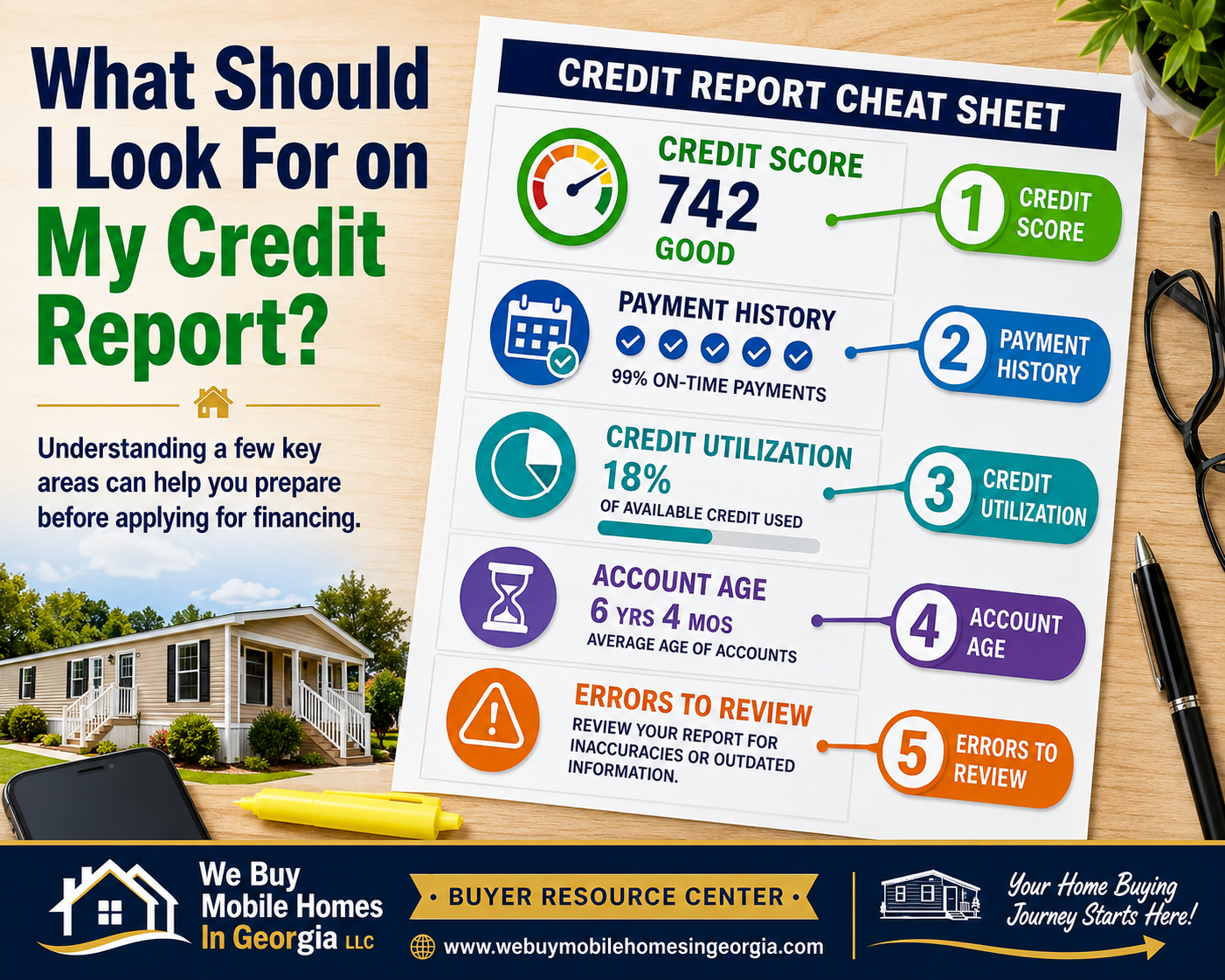 Educational credit report checklist showing the five key areas buyers should review before applying for mobile home financing.