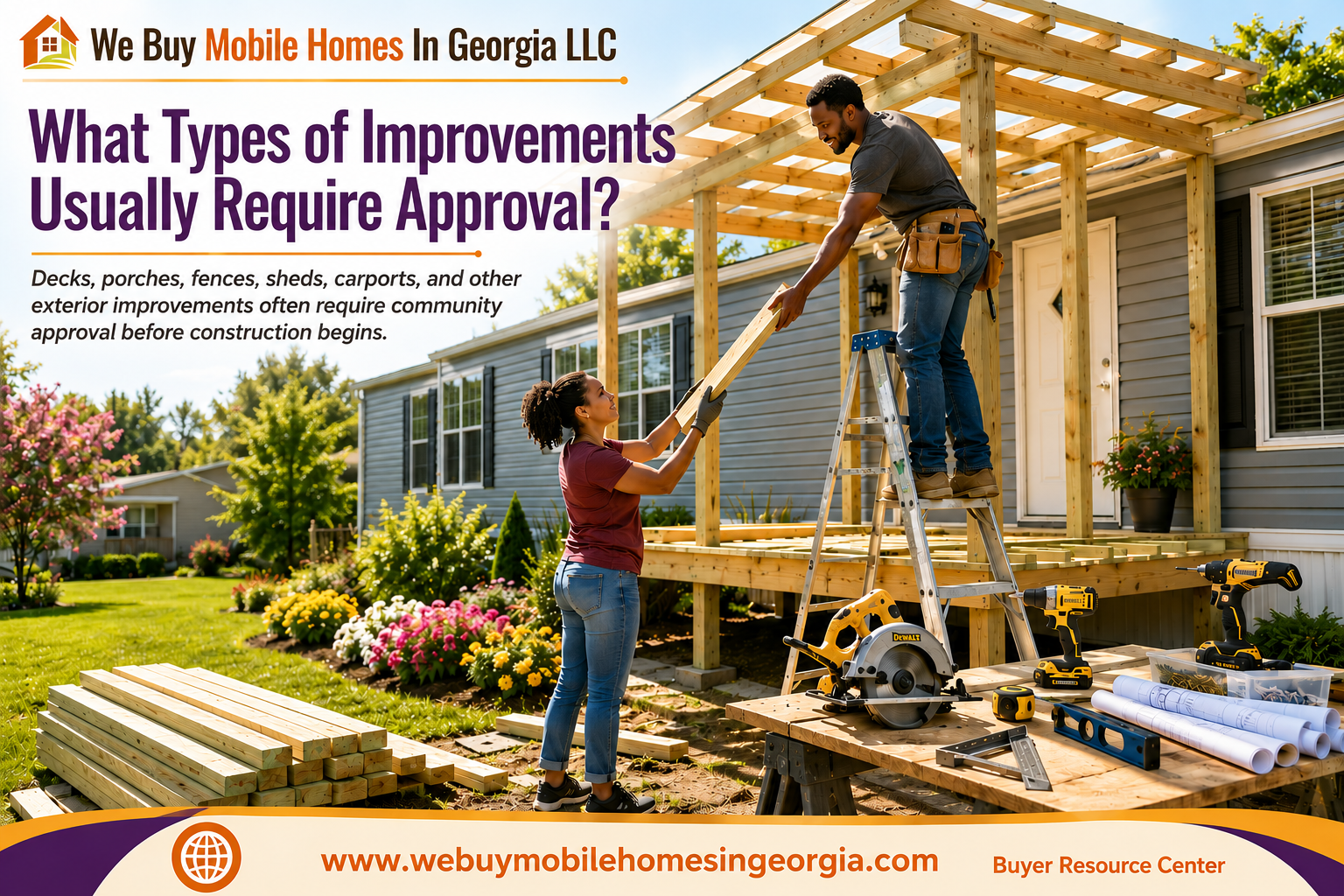 Black homeowners building a covered front porch onto their mobile home while working together on an exterior home improvement project that may require community approval.