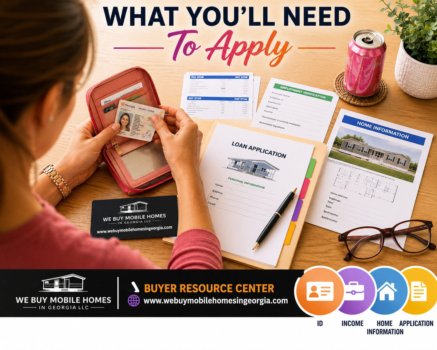 Buyer organizing identification, income verification, and other documents needed to apply for manufactured home financing.