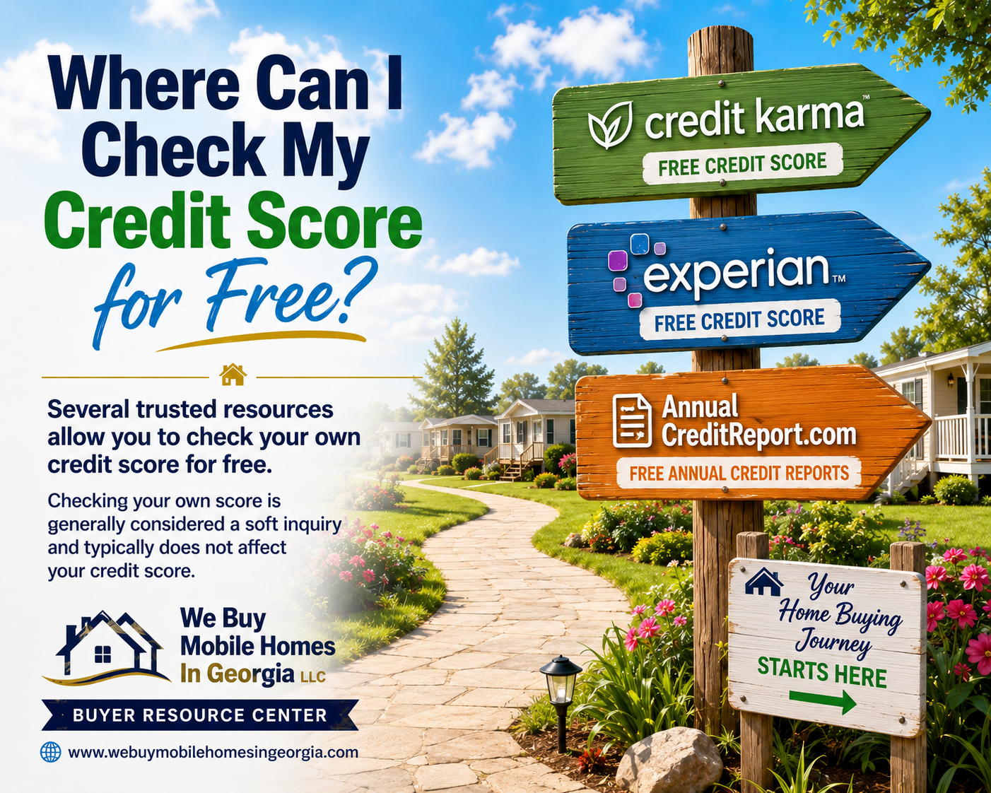 Directional signs pointing buyers to trusted places to check their credit score for free before buying a mobile home.