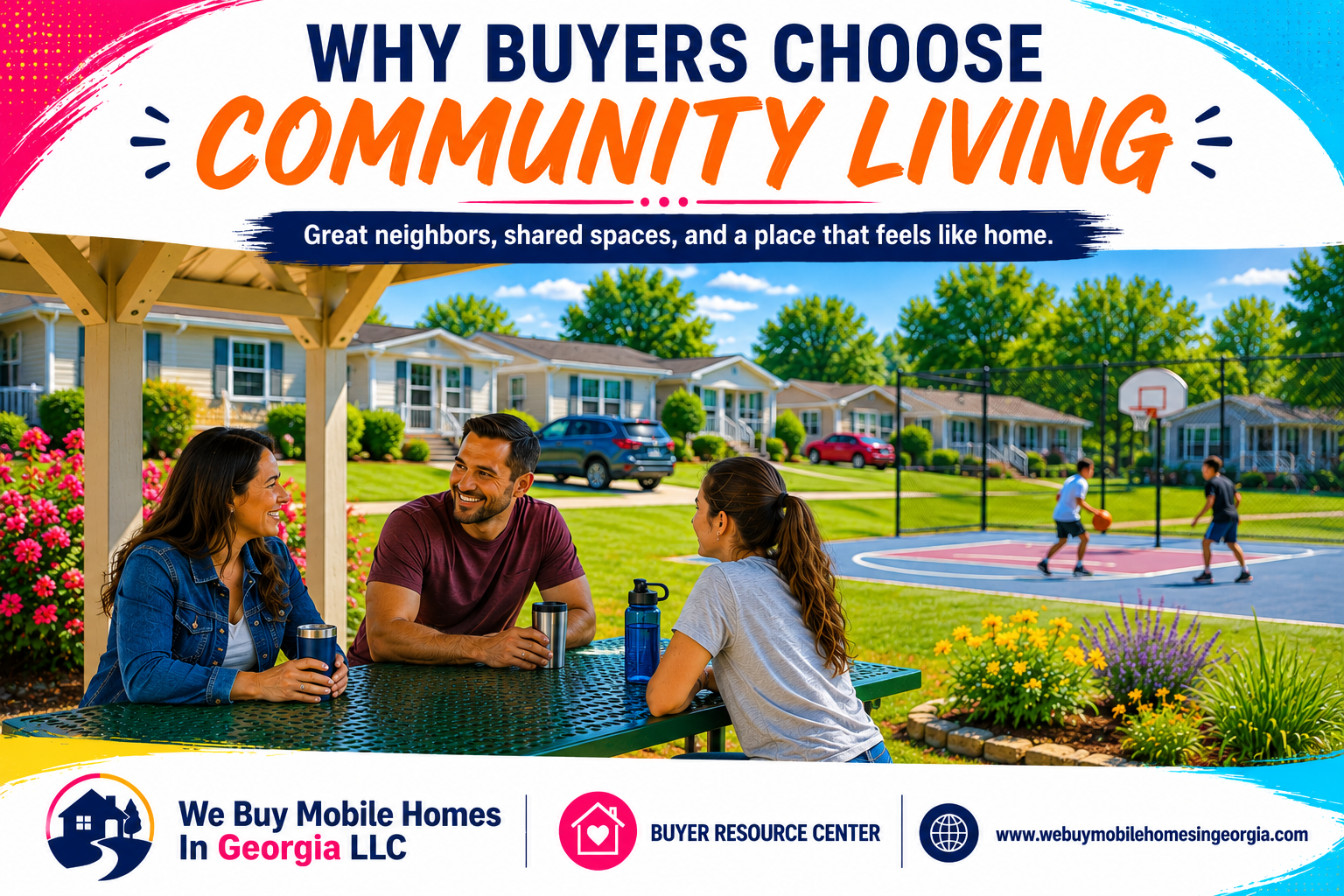 Neighbors relaxing together at a picnic pavilion in a mobile home community while residents enjoy outdoor recreation nearby.