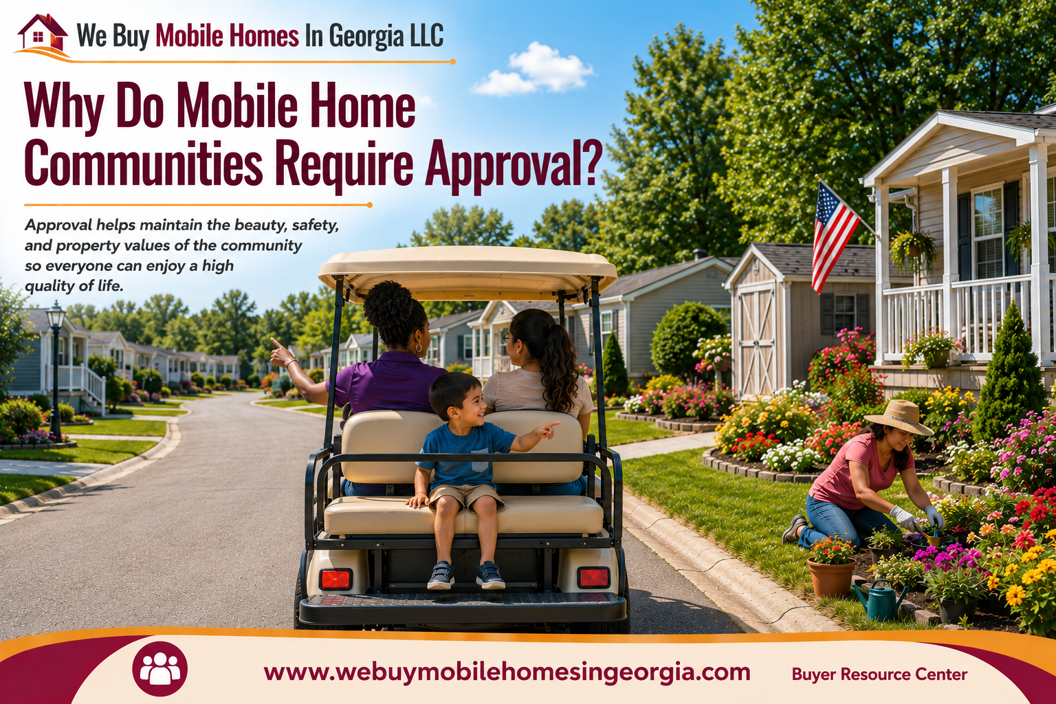 A community representative gives a prospective buyer and child a golf cart tour through a beautifully maintained mobile home community while a homeowner gardens in a colorful flower bed, illustrating how community standards help preserve neighborhood beauty.