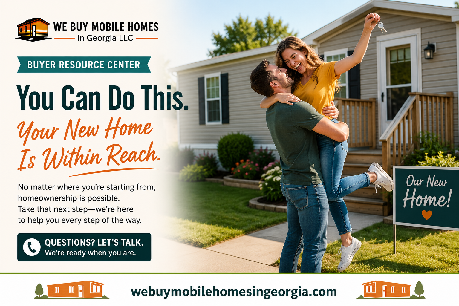 Happy couple celebrating in front of their new mobile home after successfully purchasing their home.