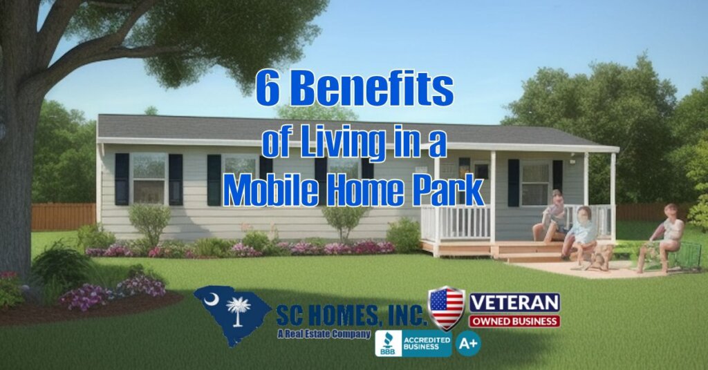 This photo shows a family enjoying their life in a Charleston, South Carolina mobile home park, the family is sitting on their porch, enjoying the sunshine, the children are playing in the yard, and the parents are relaxing. The mobile home park is a beautiful setting, with trees and flowers