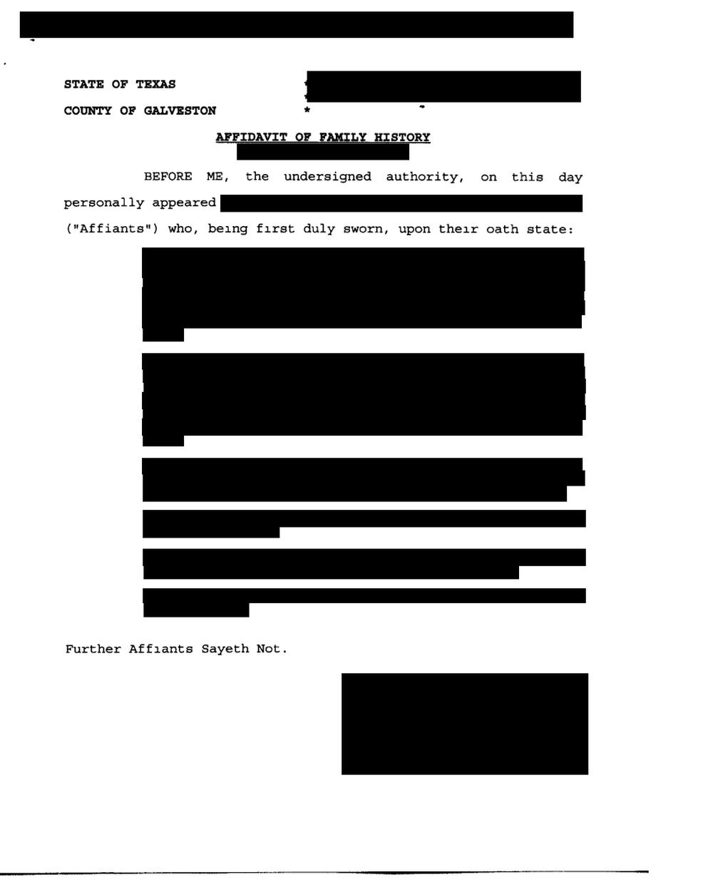 Recorded Texas affidavit of heirship with all names, addresses and signatures redacted