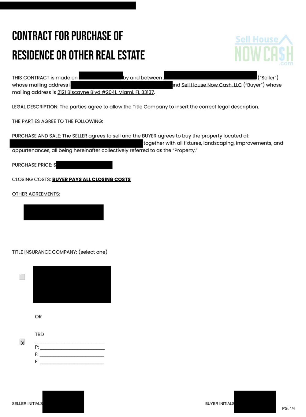 Purchase contract for an inherited house with the seller name, address and purchase price redacted