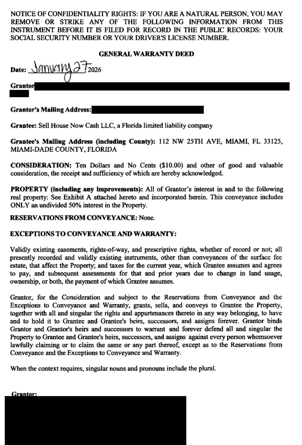 Recorded Texas general warranty deed conveying an undivided 50 percent interest in an inherited house, with names and addresses redacted