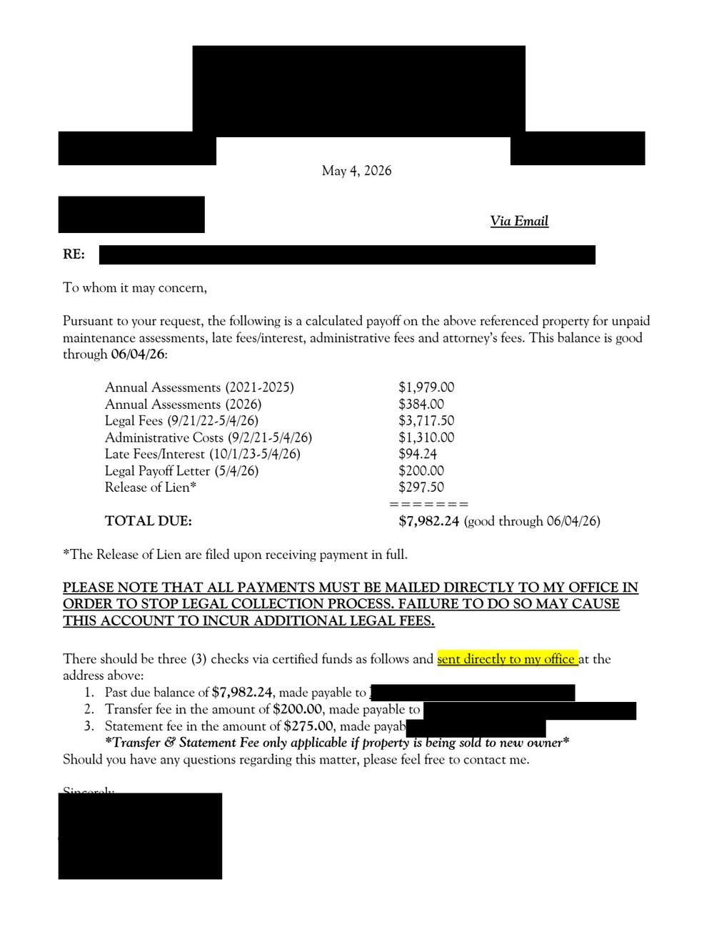 Itemized HOA payoff letter on an inherited house showing assessments, legal fees, admin costs and a release of lien fee, with names redacted