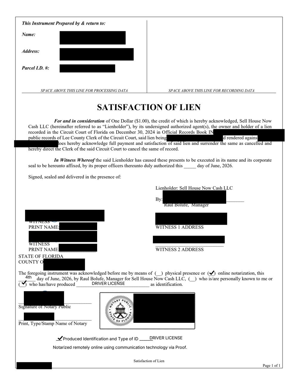 Recorded satisfaction of lien with names, amounts and signatures redacted