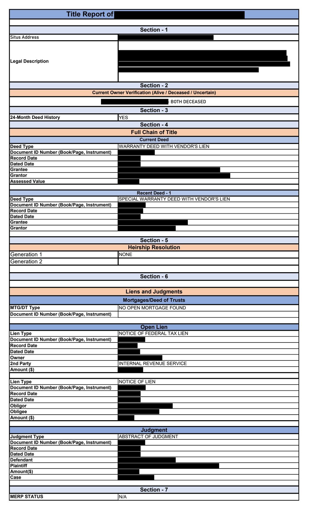 Internal title report on an inherited Texas property showing chain of title, heirship resolution, liens and judgments, with identifying details redacted