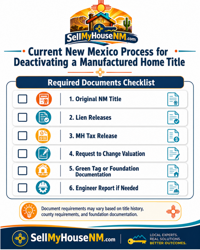 Required documents checklist for deactivating a manufactured home title in New Mexico, including original NM title, lien releases, MH tax release, Request to Change Valuation, green tag, and engineer report if needed.