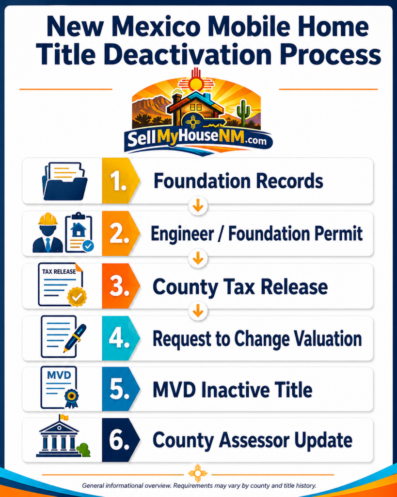 New Mexico mobile home title deactivation timeline showing the 1998 rule framework, 2009 MVD cleanup process, 2017 MVD procedure update, 2022 financing guidance, and 2026 RLD process clarification.