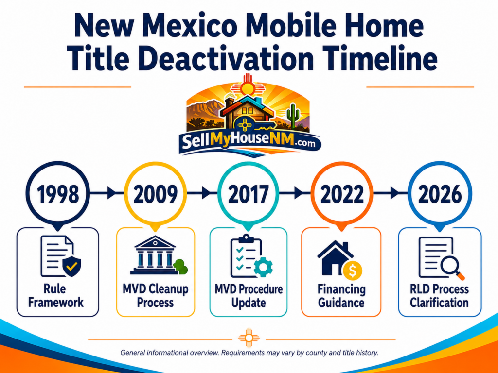 New Mexico mobile home title deactivation timeline showing the 1998 rule framework, 2009 MVD cleanup process, 2017 MVD procedure update, 2022 financing guidance, and 2026 RLD process clarification.