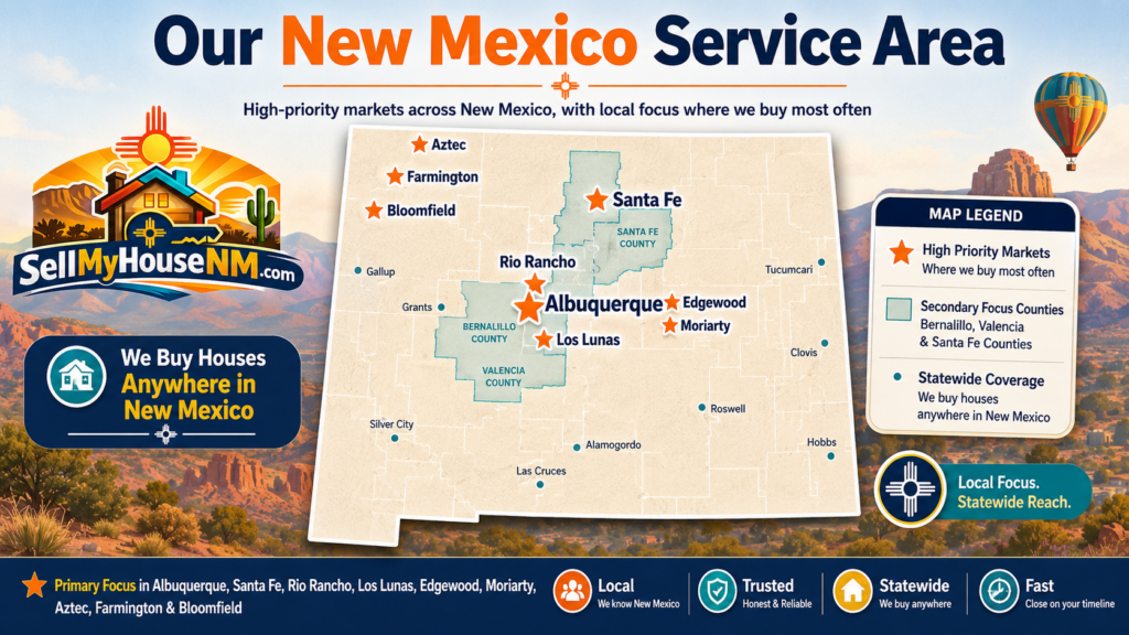 Sell My House NM service area map covering Albuquerque, Santa Fe, Rio Rancho, Aztec, Farmington, and all of New Mexico