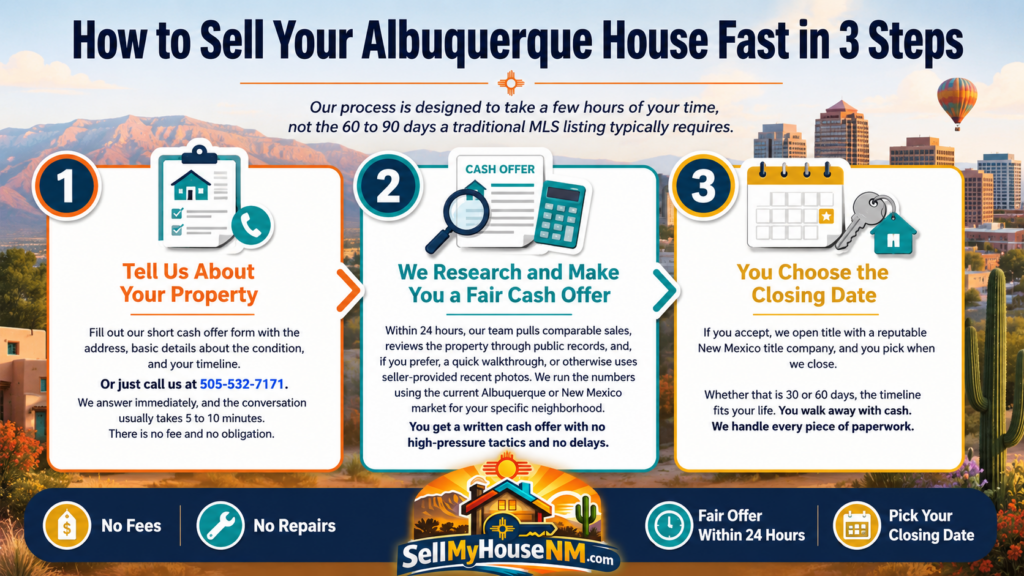 3 step process to sell your house fast in Albuquerque NM with cash offer in 24 hours