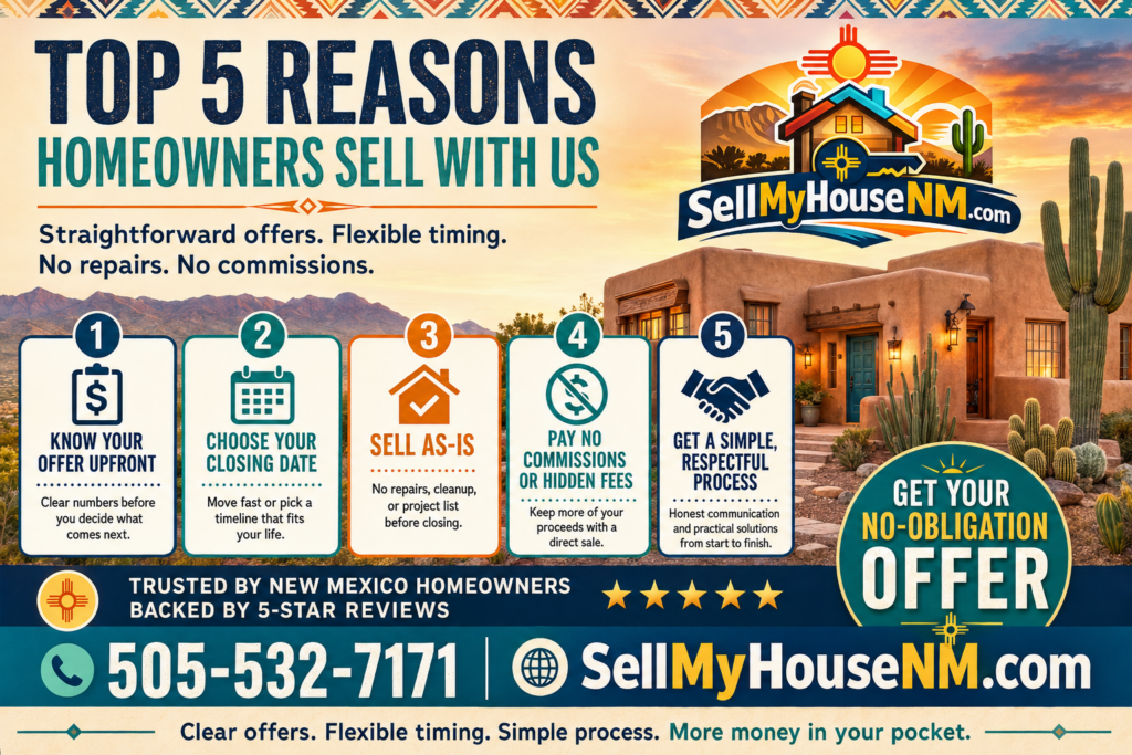 Sell My House NM graphic showing the top 5 reasons New Mexico homeowners sell with a local cash home buyer, including upfront offers, flexible closing, as-is sales, no commissions, and a simple process.