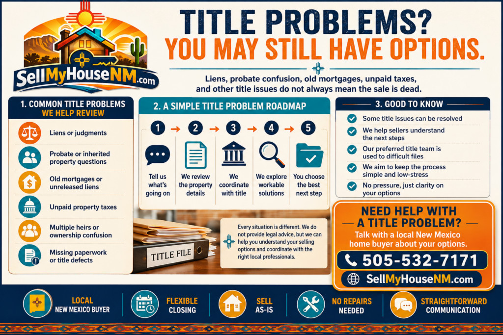 Sell My House NM graphic explaining options for New Mexico homeowners selling a house with title problems such as liens, probate, old mortgages, unpaid taxes, or missing paperwork.