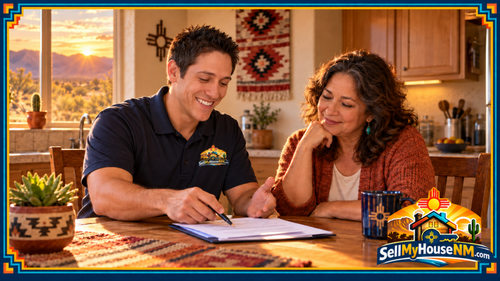 A Sell My House NM team member reviewing a written cash offer with a homeowner at a kitchen table in a New Mexico home