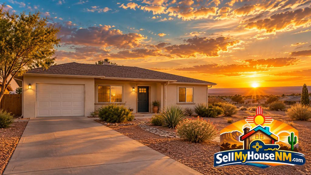 Single-story ranch home under a Pecos Valley sunset, the kind of house Sell My House NM buys as-is in Roswell, New Mexico