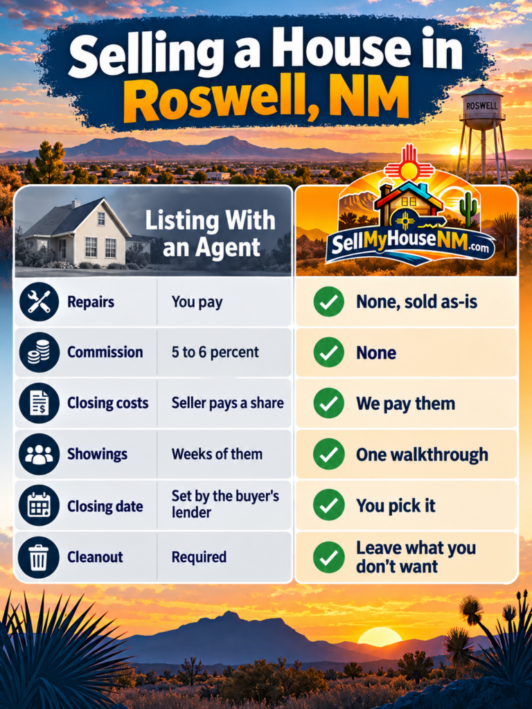 Comparison chart for selling a house in Roswell NM: listing with an agent versus selling to Sell My House NM, covering repairs, commission, closing costs, showings, closing date, and cleanout