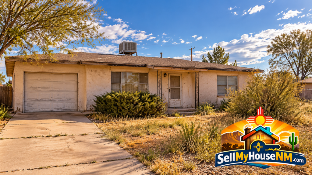An older stucco house in Roswell NM with a rooftop swamp cooler and an overgrown yard, the condition Sell My House NM buys in